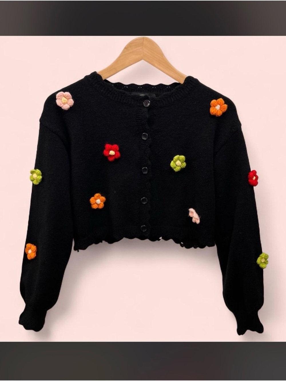 Cider Black Cropped Cardigan with Multicolor Flower Appliqués